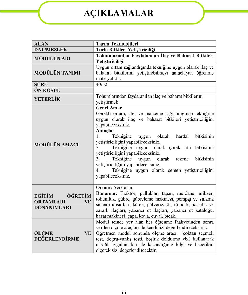 SÜRE 40/32 ÖN KOġUL YETERLĠK Tohumlarından faydalanılan ilaç ve baharat bitkilerini yetiģtirmek Genel Amaç Gerekli ortam, alet ve malzeme sağlandığında tekniğine uygun olarak ilaç ve baharat