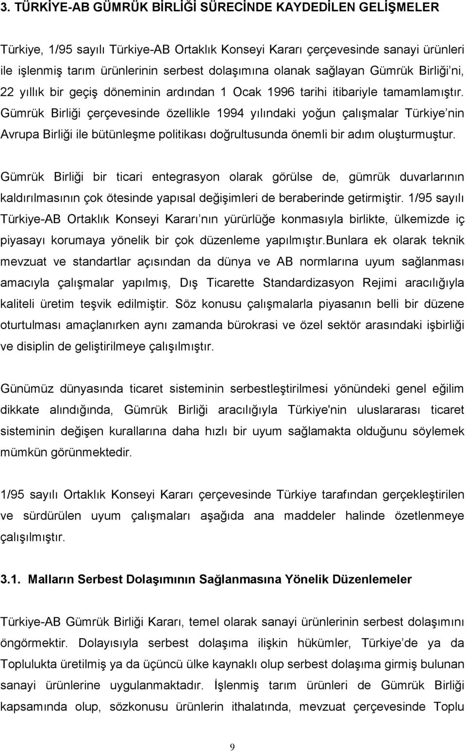 Gümrük Birliği çerçevesinde özellikle 1994 yılındaki yoğun çalışmalar Türkiye nin Avrupa Birliği ile bütünleşme politikası doğrultusunda önemli bir adım oluşturmuştur.