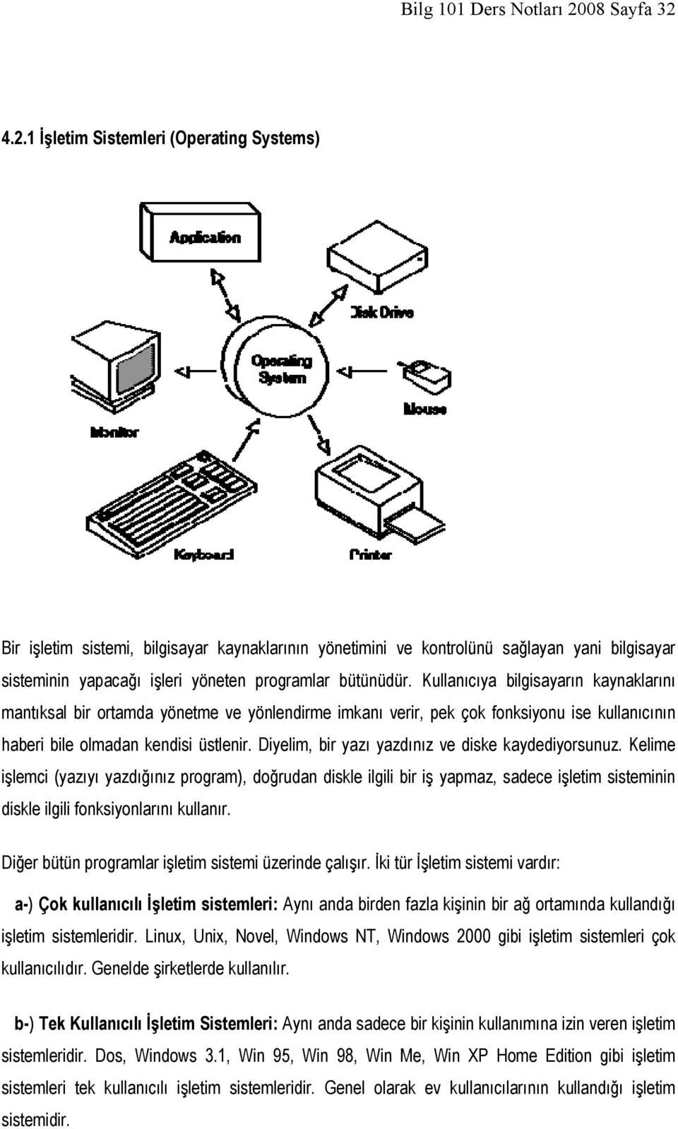 4.2.1 İşletim Sistemleri (Operating Systems) Bir işletim sistemi, bilgisayar kaynaklarının yönetimini ve kontrolünü sağlayan yani bilgisayar sisteminin yapacağı işleri yöneten programlar bütünüdür.