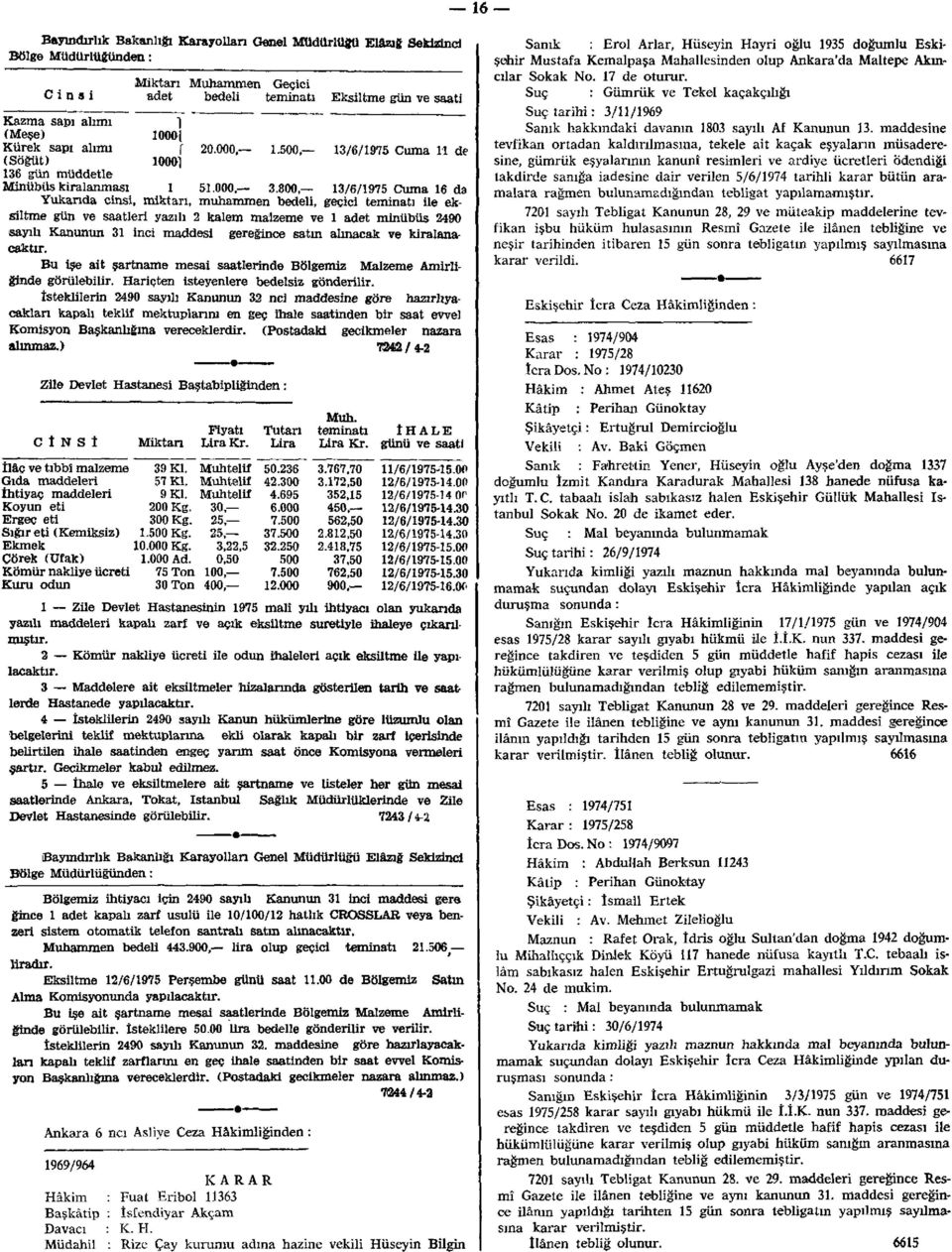 800, 13/6/1975 Cuma 16 da Yukarıda emsi, miktarı, muhammen bedeli, geçici teminatı ile eksiltme gün ve saatleri yazılı 2 kalem malzeme ve 1 adet minübüs 2490 sayılı Kanunun 31 inci maddesi gereğince