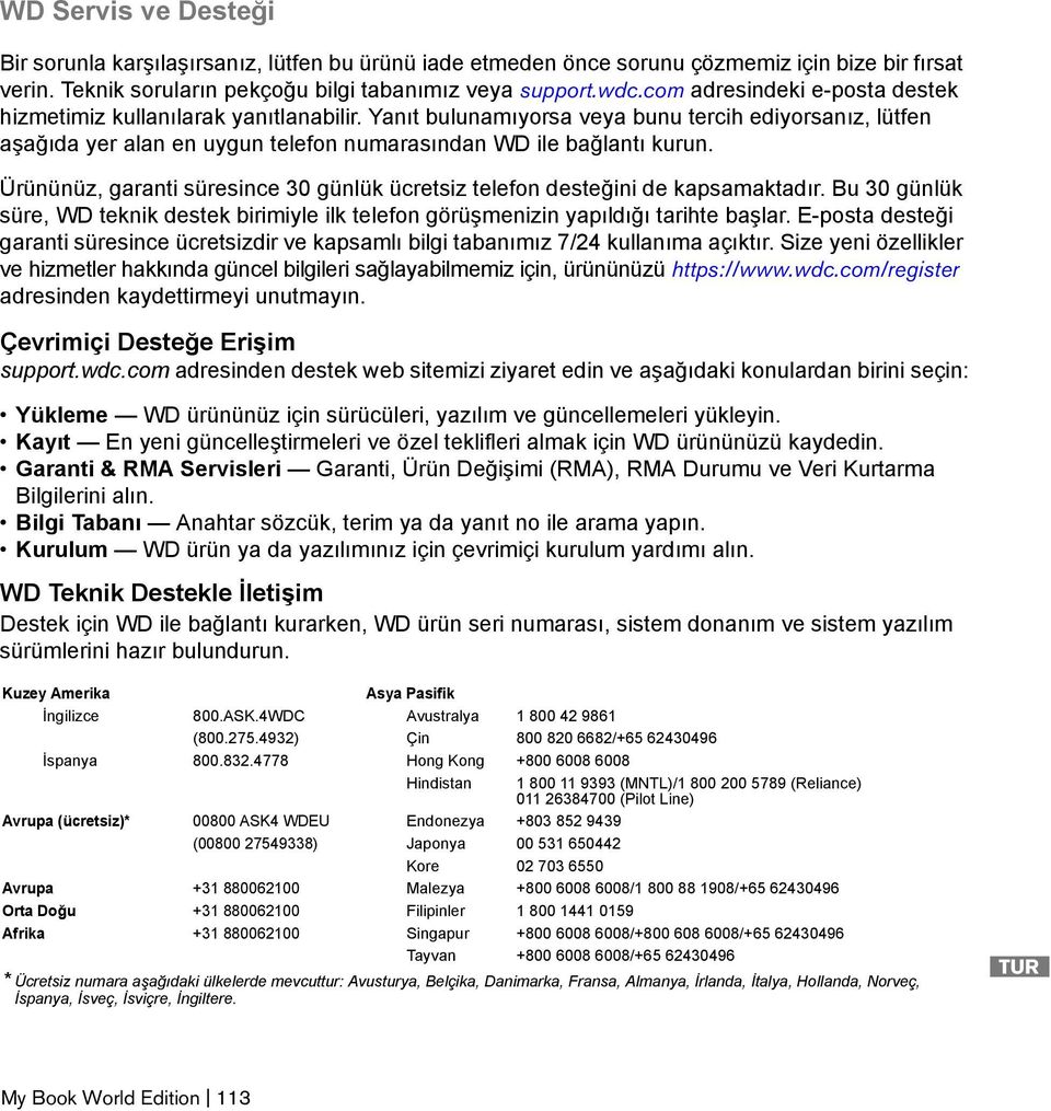 Ürününüz, garanti süresince 30 günlük ücretsiz telefon desteğini de kapsamaktadır. Bu 30 günlük süre, WD teknik destek birimiyle ilk telefon görüşmenizin yapıldığı tarihte başlar.