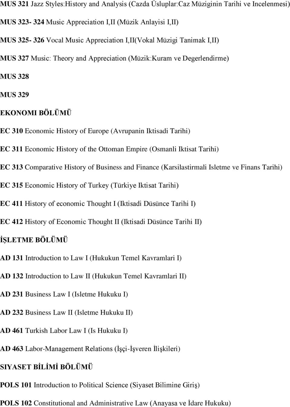 History of the Ottoman Empire (Osmanli Iktisat Tarihi) EC 313 Comparative History of Business and Finance (Karsilastirmali Isletme ve Finans Tarihi) EC 315 Economic History of Turkey (Türkiye Iktisat