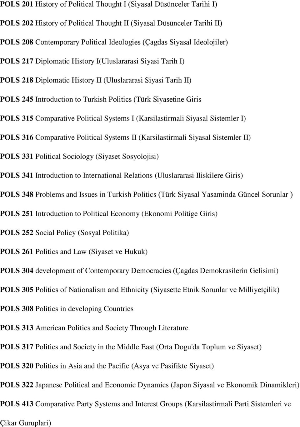 Siyasetine Giris POLS 315 Comparative Political Systems I (Karsilastirmali Siyasal Sistemler I) POLS 316 Comparative Political Systems II (Karsilastirmali Siyasal Sistemler II) POLS 331 Political