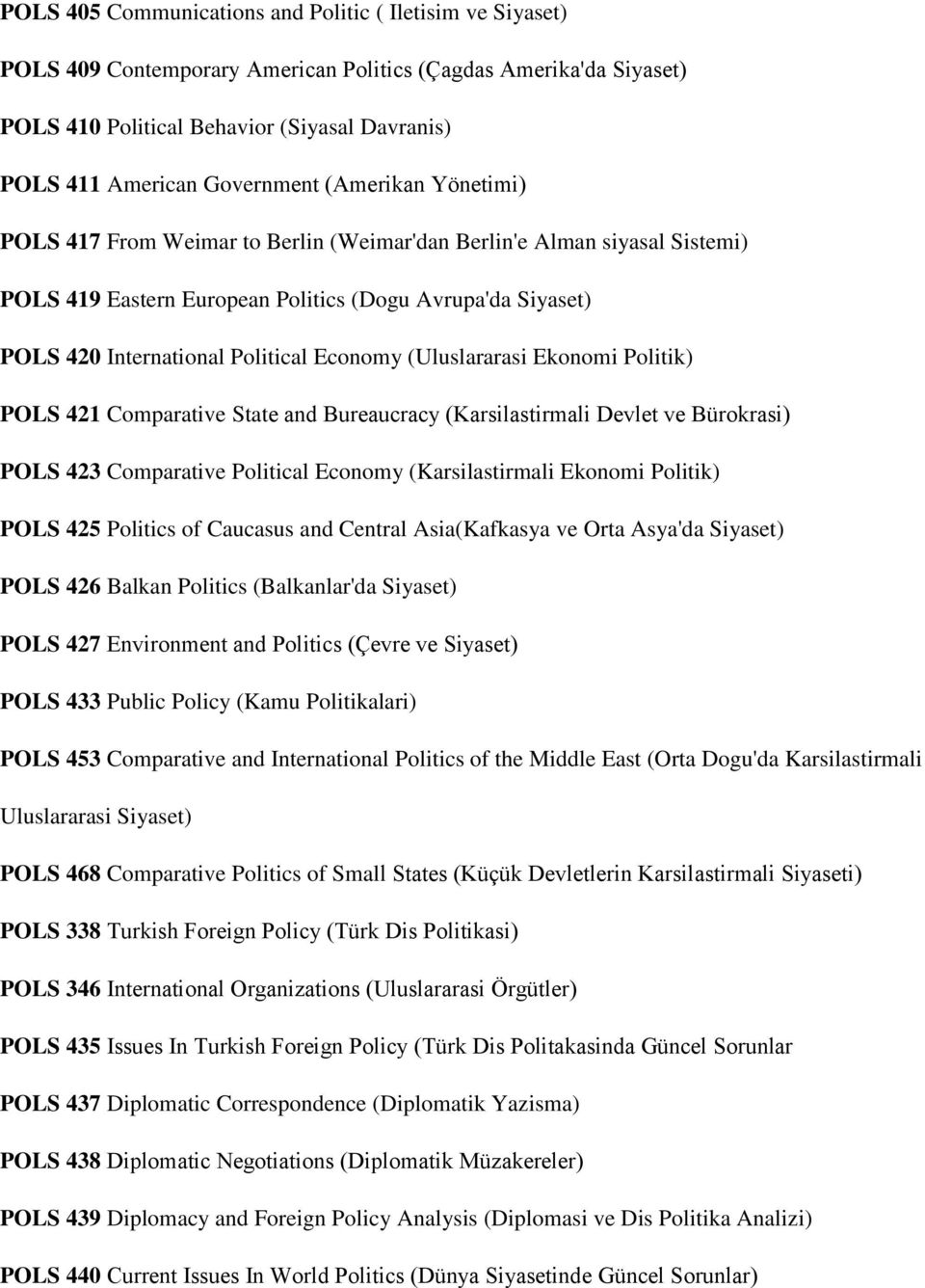 Economy (Uluslararasi Ekonomi Politik) POLS 421 Comparative State and Bureaucracy (Karsilastirmali Devlet ve Bürokrasi) POLS 423 Comparative Political Economy (Karsilastirmali Ekonomi Politik) POLS