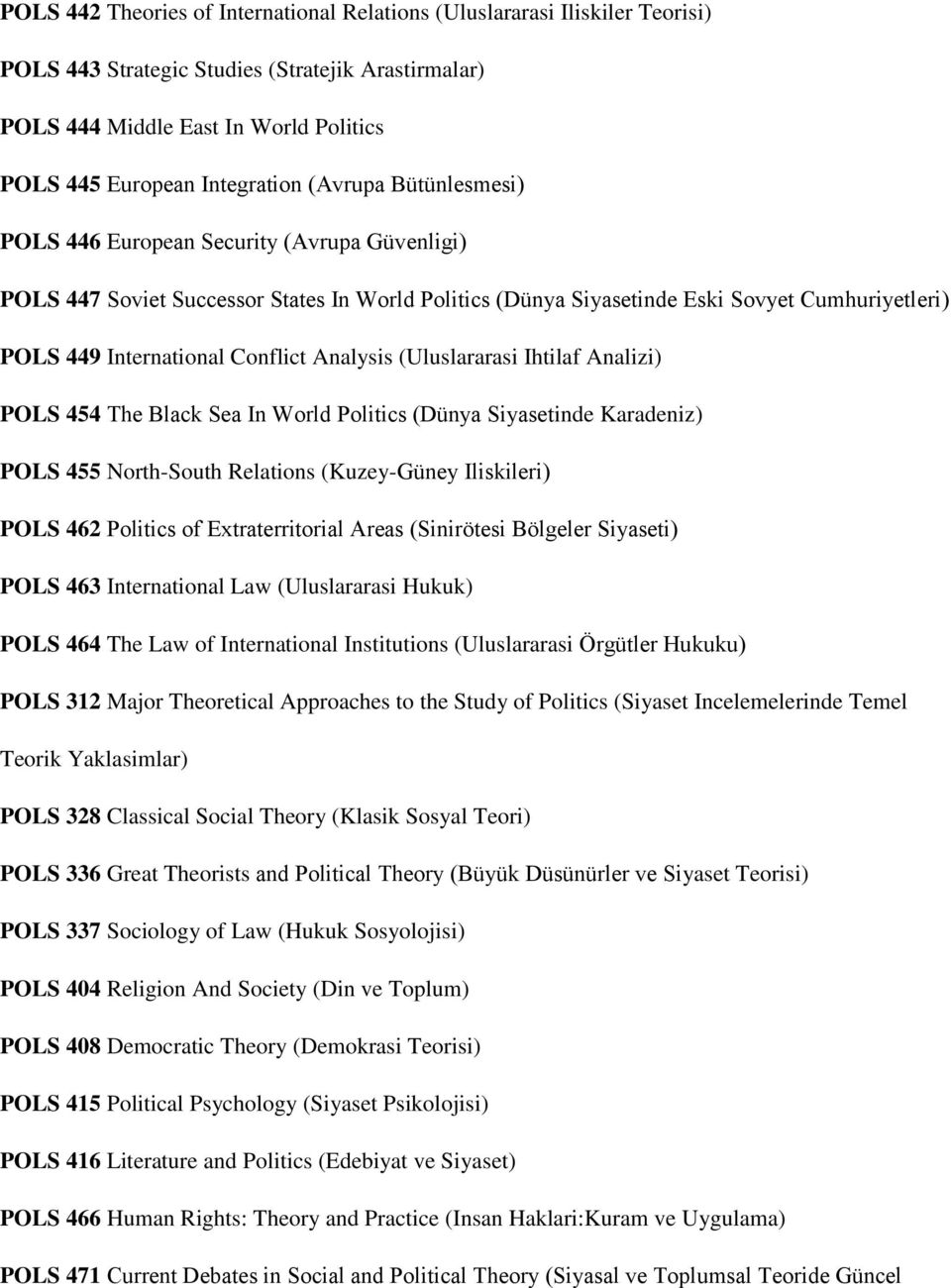 Analysis (Uluslararasi Ihtilaf Analizi) POLS 454 The Black Sea In World Politics (Dünya Siyasetinde Karadeniz) POLS 455 North-South Relations (Kuzey-Güney Iliskileri) POLS 462 Politics of