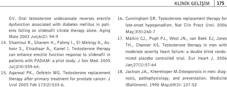 Testosterone therapy can enhance erectile function response to sildenafil in patients with PADAM: a pilot study. J Sex Med. 2005 Jul;2(4):559-64. 15. Agarwal PK., Oefelein MG.