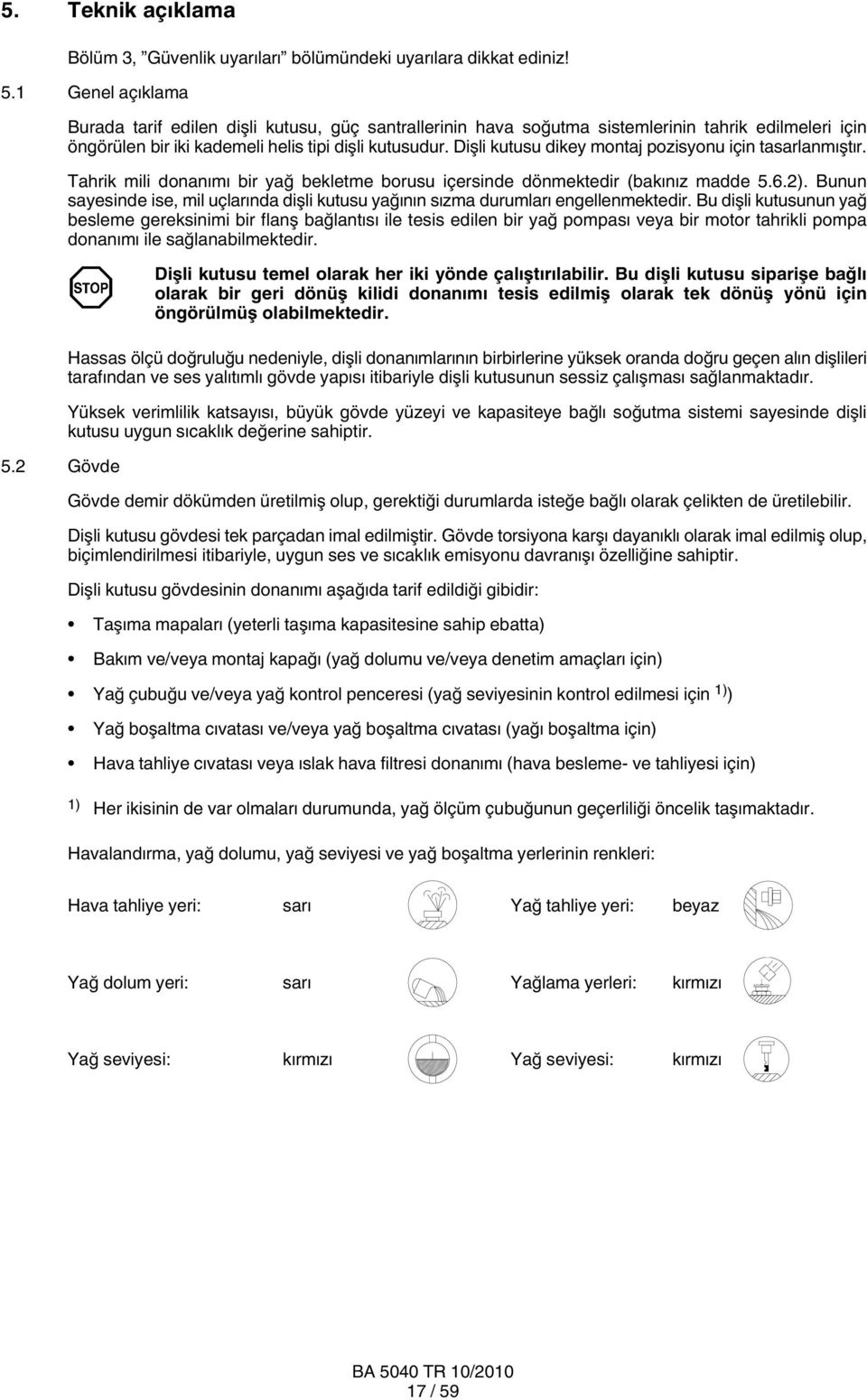 Dişli kutusu dikey montaj pozisyonu için tasarlanmıştır. Tahrik mili donanımı bir yağ bekletme borusu içersinde dönmektedir (bakınız madde 5.6.2).