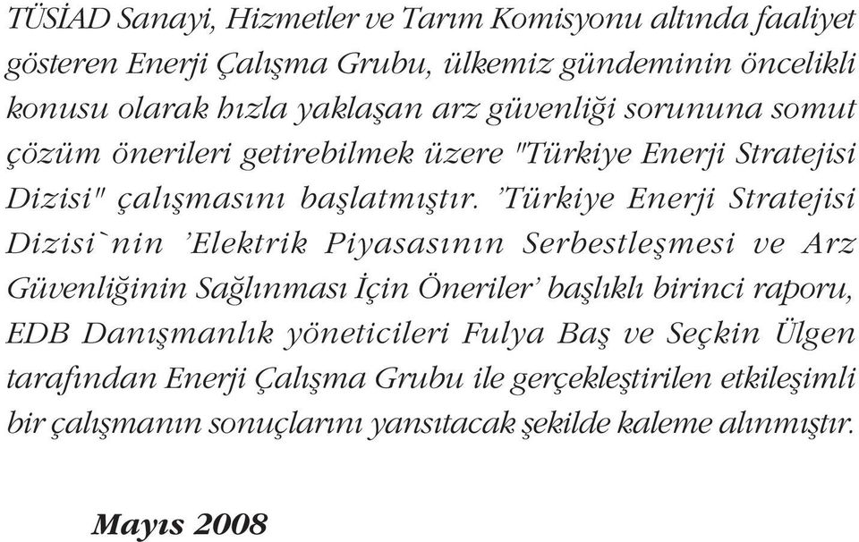 'Türkiye Enerji Stratejisi Dizisi`nin 'Elektrik Piyasasýnýn Serbestleþmesi ve Arz Güvenliðinin Saðlýnmasý Ýçin Öneriler baþlýklý birinci raporu, EDB