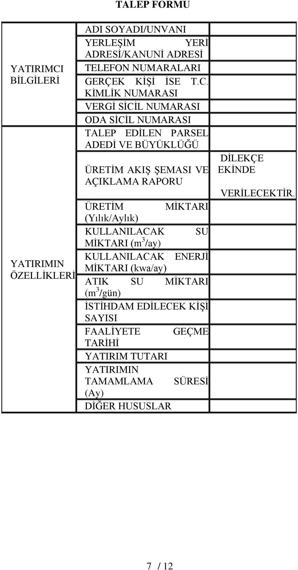 KİMLİK NUMARASI VERGİ SİCİL NUMARASI ODA SİCİL NUMARASI TALEP EDİLEN PARSEL ADEDİ VE BÜYÜKLÜĞÜ ÜRETİM AKIŞ ŞEMASI VE AÇIKLAMA RAPORU