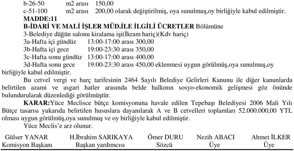 13:00-17:00 arası 400,00 3d-Hafta sonu gece 19:00-23:30 arası 450,00 eklenmesi uygun görülmüş,oya sunulmuş,oy birliğiyle kabul edilmiştir.