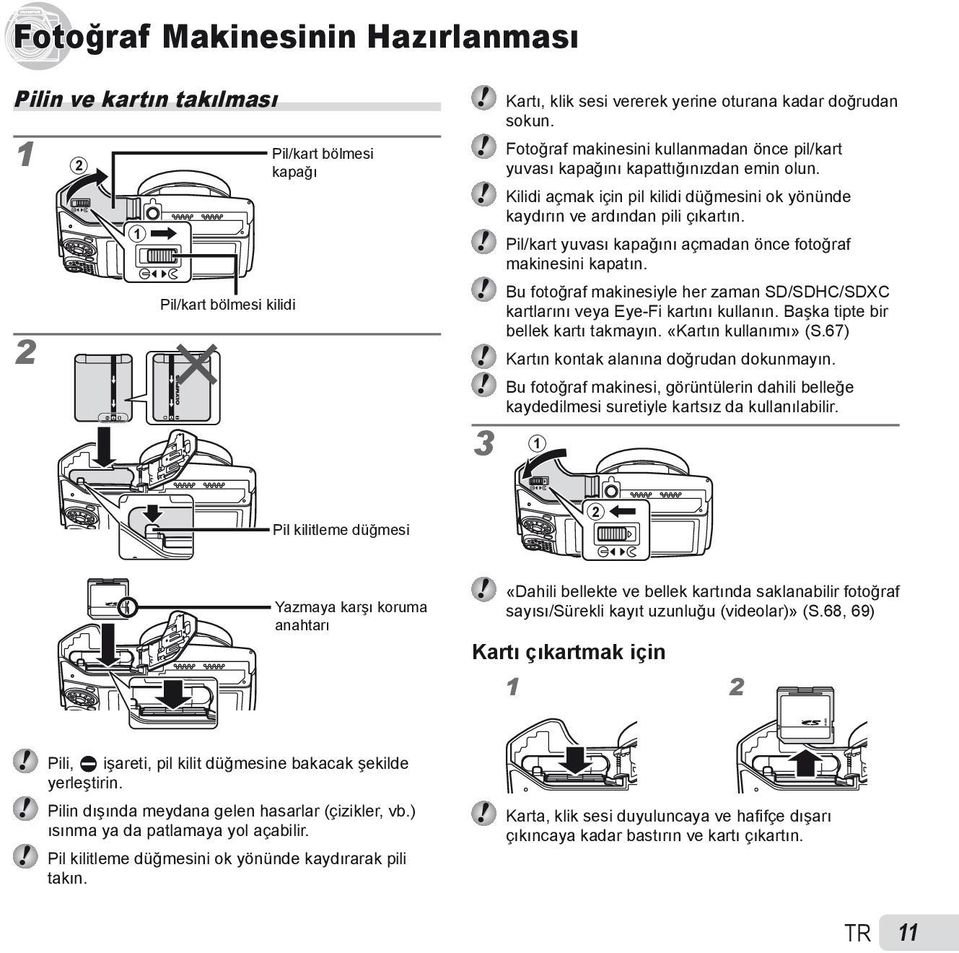 Pil/kart yuvası kapağını açmadan önce fotoğraf makinesini kapatın. Bu fotoğraf makinesiyle her zaman SD/SDHC/SDXC kartlarını veya Eye-Fi kartını kullanın. Başka tipte bir bellek kartı takmayın.