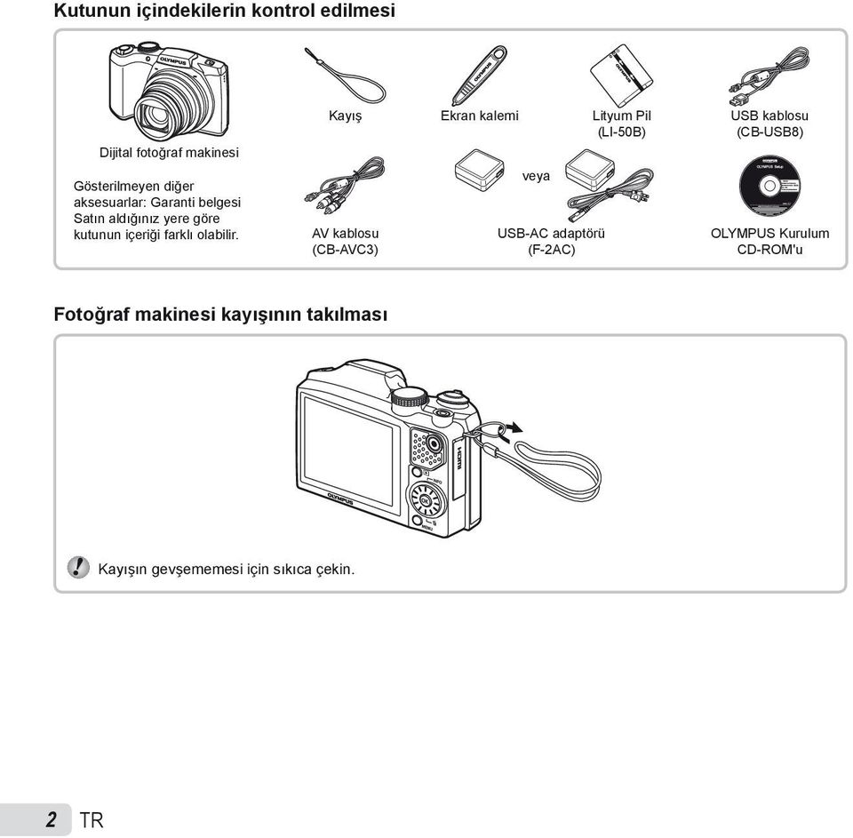 Kayış Ekran kalemi Lityum Pil (LI-50B) AV kablosu (CB-AVC3) veya USB-AC adaptörü (F-2AC) USB