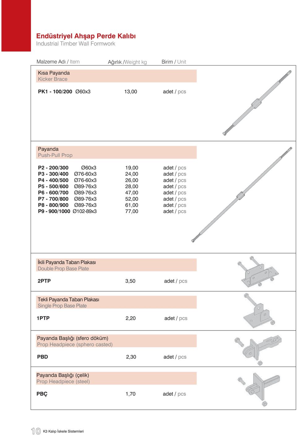 Ø89-76x3 52,00 adet / pcs P8-800/900 Ø89-76x3 61,00 adet / pcs P9-900/1000 Ø102-89x3 77,00 adet / pcs kili Payanda Taban Plakas Double Prop Base Plate 2PTP 3,50 adet / pcs Tekli Payanda Taban Plakas