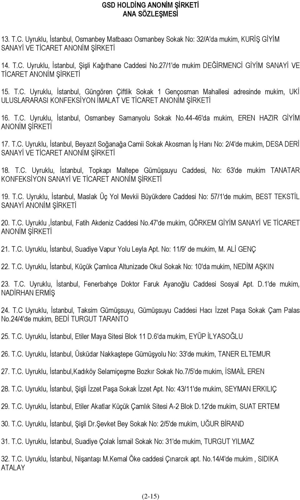 T.C. Uyruklu, İstanbul, Osmanbey Samanyolu Sokak No.44-46'da mukim, EREN HAZIR GİYİM ANONİM ŞİRKETİ 17. T.C. Uyruklu, İstanbul, Beyazıt Soğanağa Camii Sokak Akosman İş Hanı No: 2/4'de mukim, DESA DERİ SANAYİ VE TİCARET ANONİM ŞİRKETİ 18.