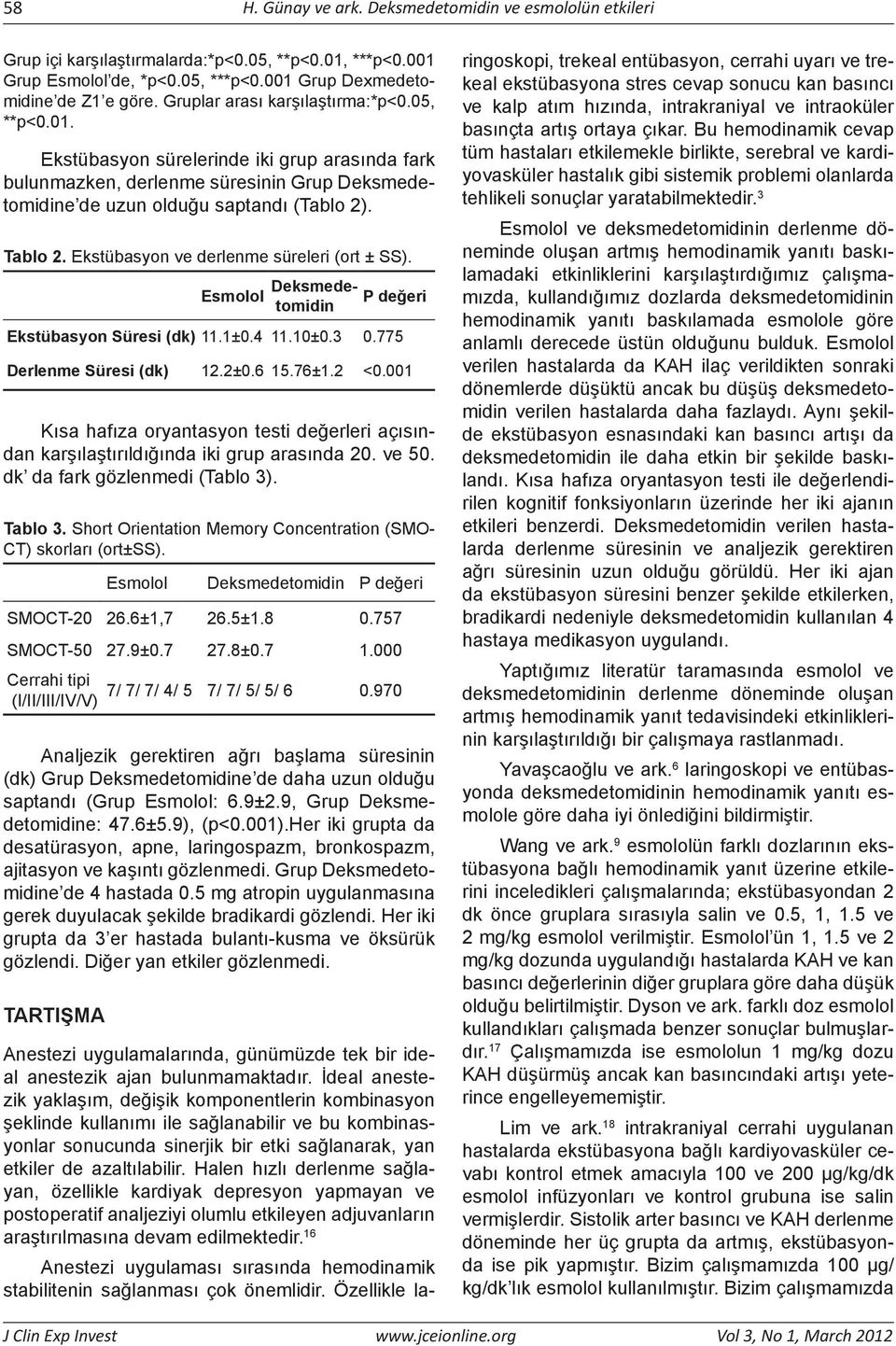 Ekstübasyon ve derlenme süreleri (ort ± SS). Esmolol Deksmedetomidin P değeri Ekstübasyon Süresi (dk) 11.1±0.4 11.10±0.3 0.775 Derlenme Süresi (dk) 12.2±0.6 15.76±1.2 <0.