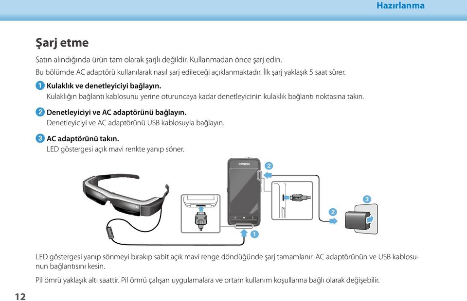 B Denetleyiciyi ve AC adaptörünü bağlayın. Denetleyiciyi ve AC adaptörünü USB kablosuyla bağlayın. C AC adaptörünü takın. LED göstergesi açık mavi renkte yanıp söner.