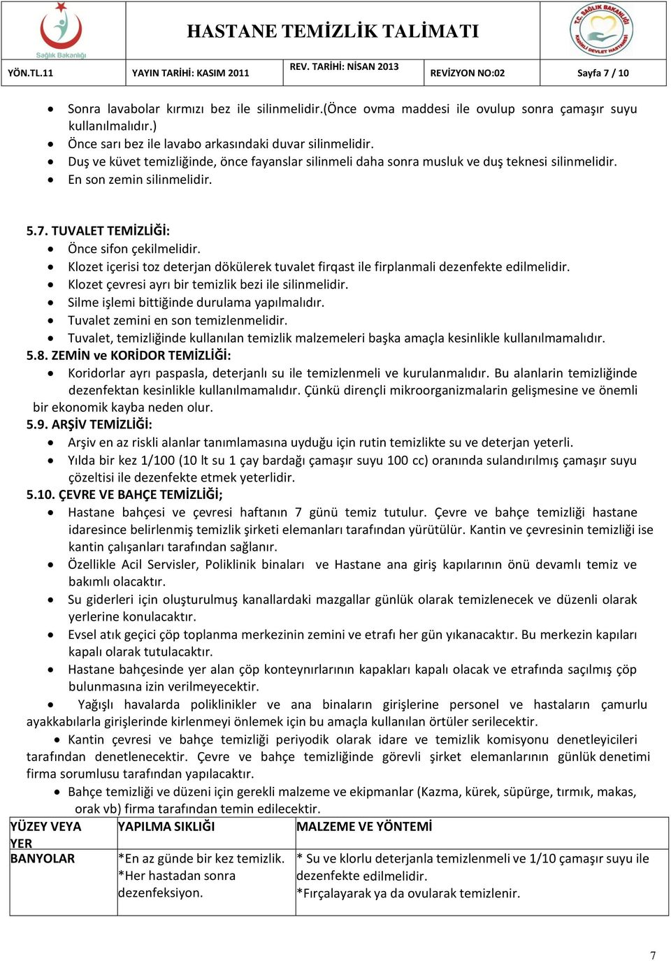 Klozet içerisi toz deterjan dökülerek tuvalet firqast ile firplanmali dezenfekte edilmelidir. Klozet çevresi ayrı bir temizlik bezi ile silinmelidir. Silme işlemi bittiğinde durulama yapılmalıdır.