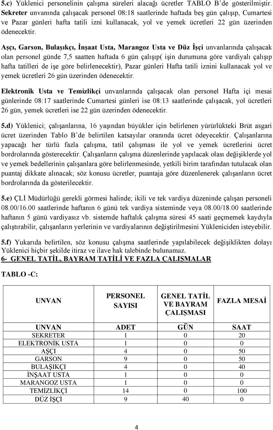 AĢçı, Garson, BulaĢıkçı, ĠnĢaat Usta, Marangoz Usta ve Düz ĠĢçi unvanlarında çalıģacak olan personel günde 7,5 saatten haftada 6 gün çalıģıp( iģin durumuna göre vardiyalı çalıģıp hafta tatilleri de