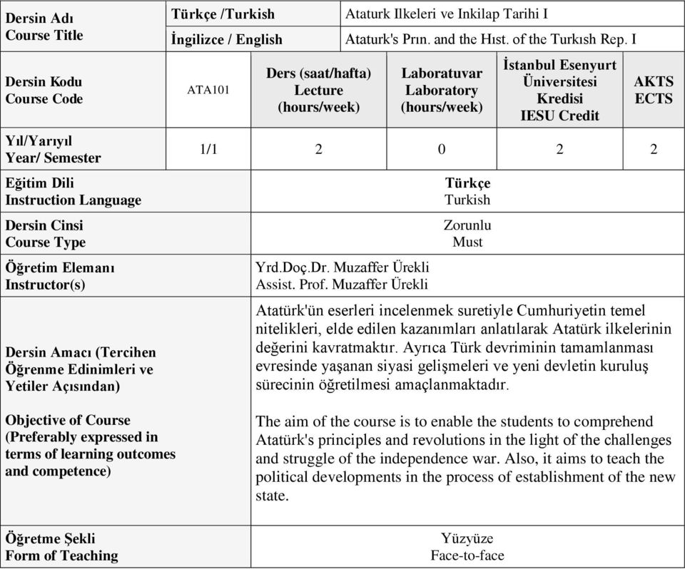 I Laboratuvar Laboratory İstanbul Esenyurt Üniversitesi Kredisi IESU Credit AKTS ECTS 1/1 2 0 2 2 Yrd.Doç.Dr. Muzaffer Ürekli Assist. Prof.