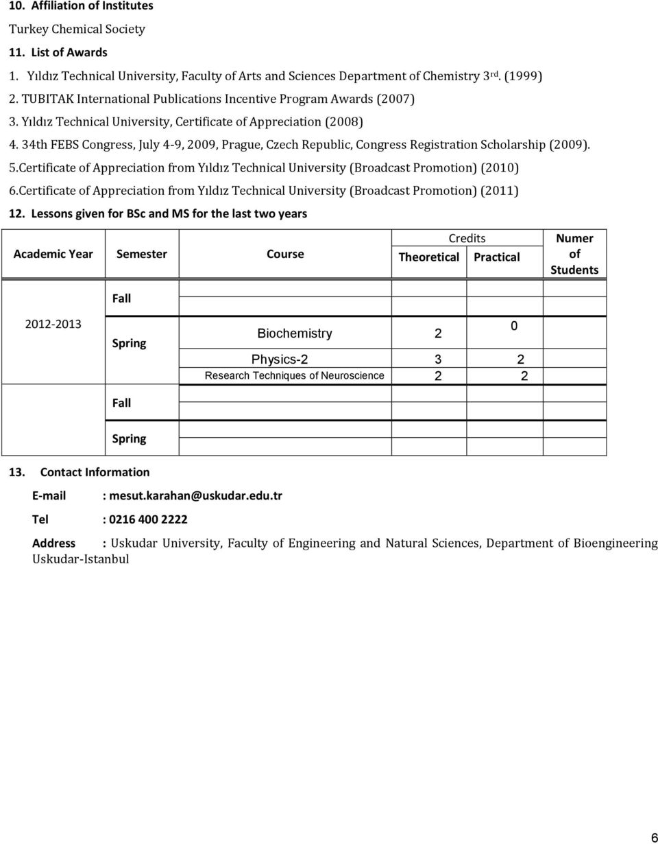 34th FEBS Congress, July 4-9, 2009, Prague, Czech Republic, Congress Registration Scholarship (2009). 5.Certificate of Appreciation from Yıldız Technical University (Broadcast Promotion) (2010) 6.