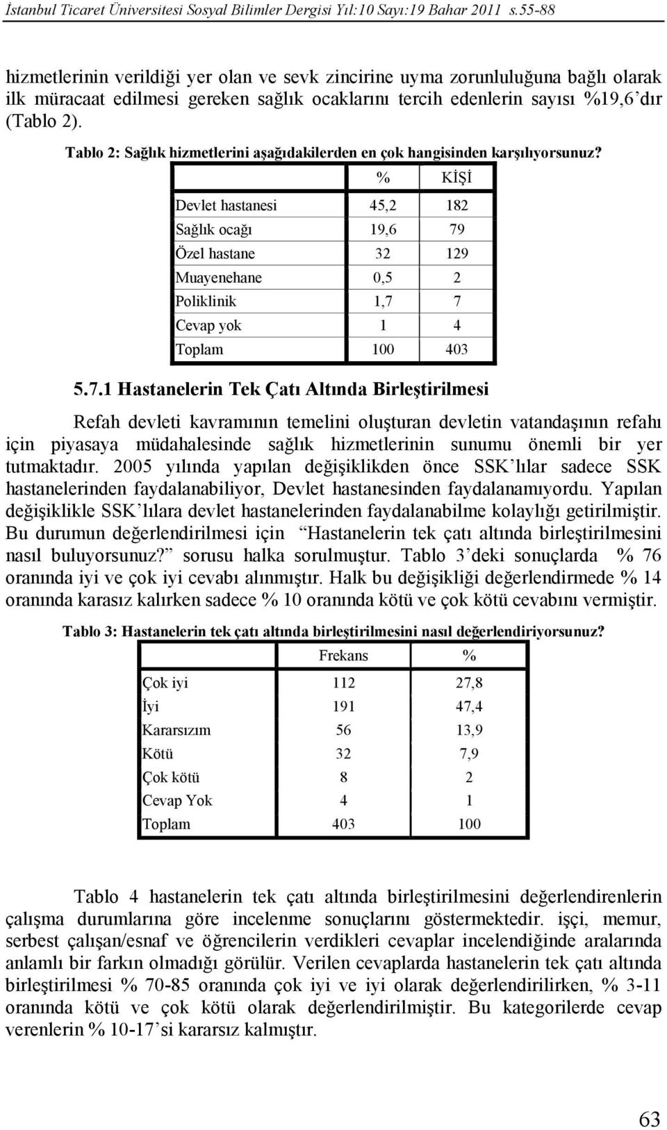 Tablo 2: Sağlık hizmetlerini aşağıdakilerden en çok hangisinden karşılıyorsunuz?