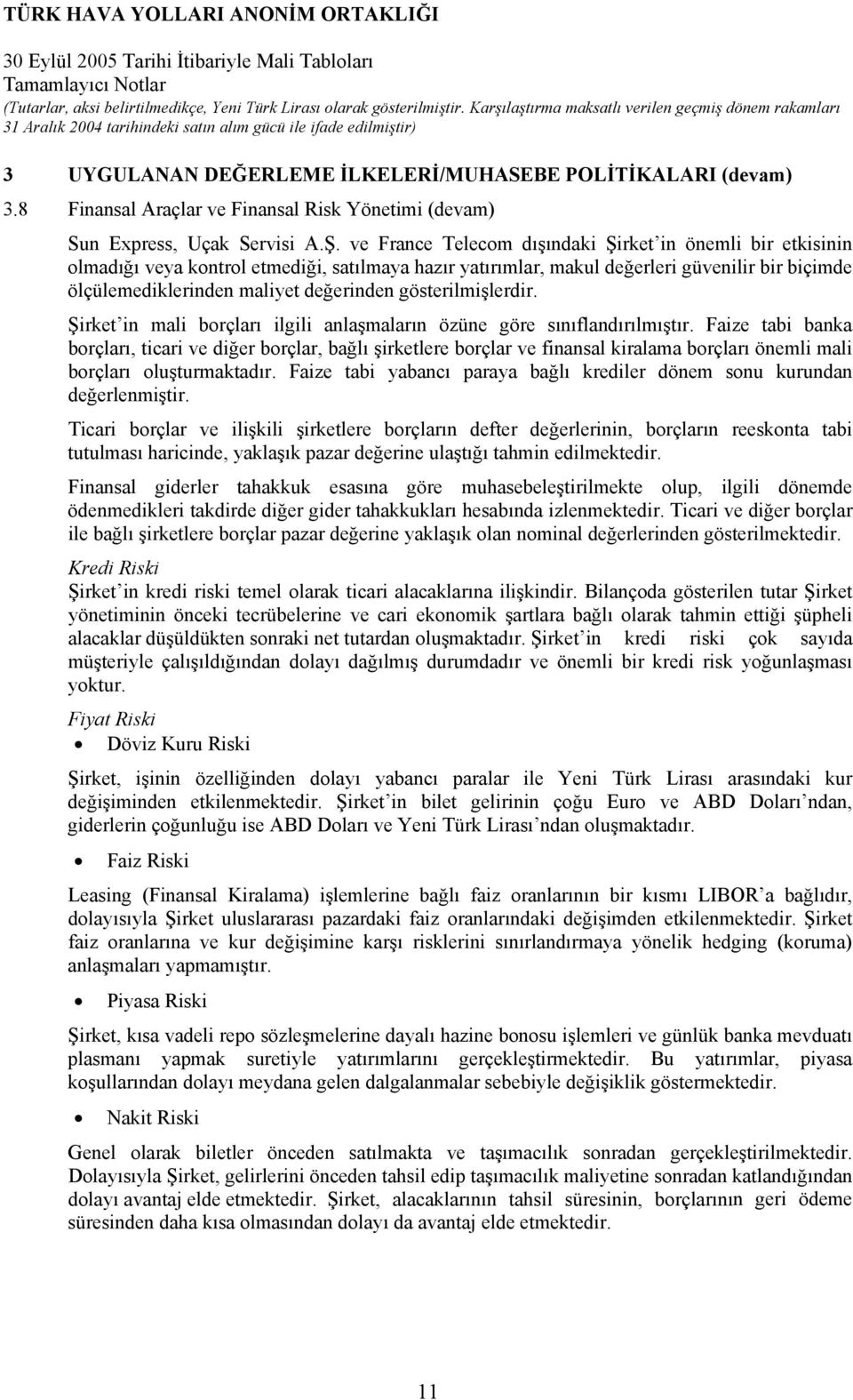 gösterilmişlerdir. Şirket in mali borçları ilgili anlaşmaların özüne göre sınıflandırılmıştır.