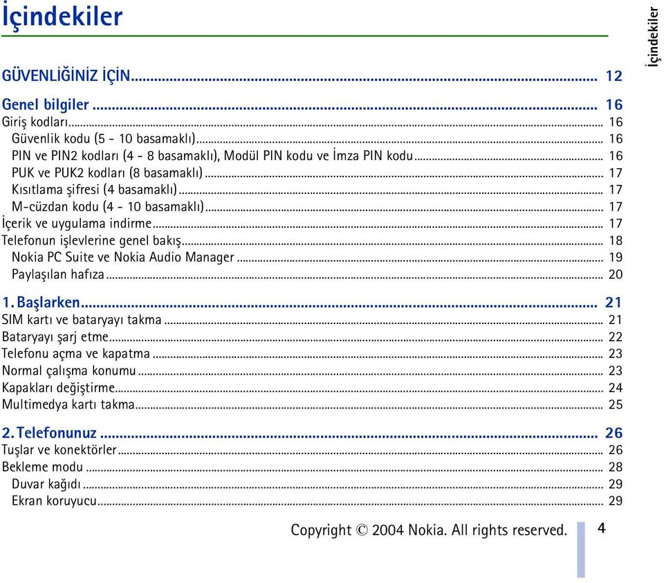 .. 18 Nokia PC Suite ve Nokia Audio Manager... 19 Paylaþýlan hafýza... 20 1. Baþlarken... 21 SIM kartý ve bataryayý takma... 21 Bataryayý þarj etme... 22 Telefonu açma ve kapatma.