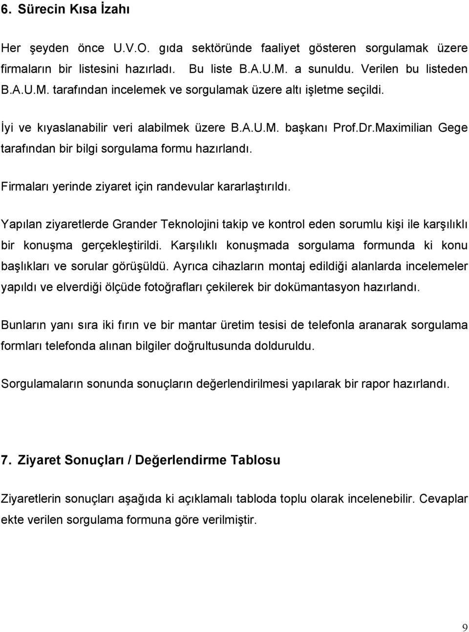 Maximilian Gege tarafından bir bilgi sorgulama formu hazırlandı. Firmaları yerinde ziyaret için randevular kararlaştırıldı.