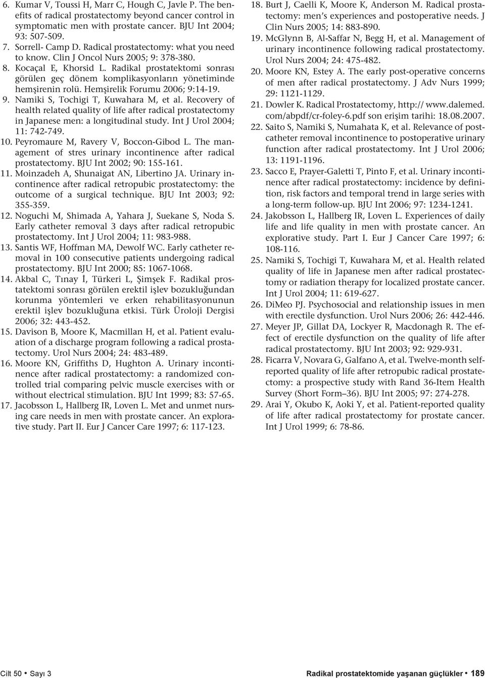 Hemşirelik Forumu 00; :.. Namiki S, Tochigi T, Kuwahara M, et al. Recovery of health related quality of life after radical prostatectomy in Japanese men: a longitudinal study. Int J Urol 00; :. 0. Peyromaure M, Ravery V, BocconGibod L.