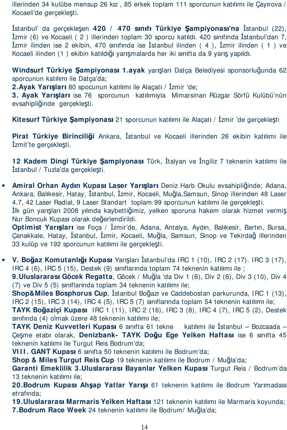 420 sınıfında İstanbul dan 7, İzmir ilinden ise 2 ekibin, 470 sınıfında ise İstanbul ilinden ( 4 ), İzmir ilinden ( 1 ) ve Kocaeli ilinden (1 ) ekibin katıldığı yarışmalarda her iki sınıfta da 9