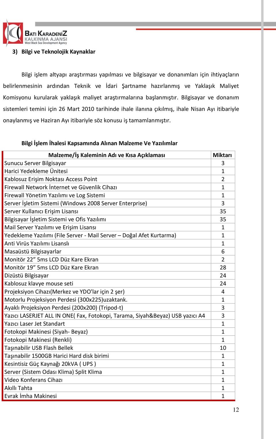 Bilgisayar ve donanım sistemleri temini için 26 Mart 2010 tarihinde ihale ilanına çıkılmış, ihale Nisan Ayı itibariyle onaylanmış ve Haziran Ayı itibariyle söz konusu iş tamamlanmıştır.