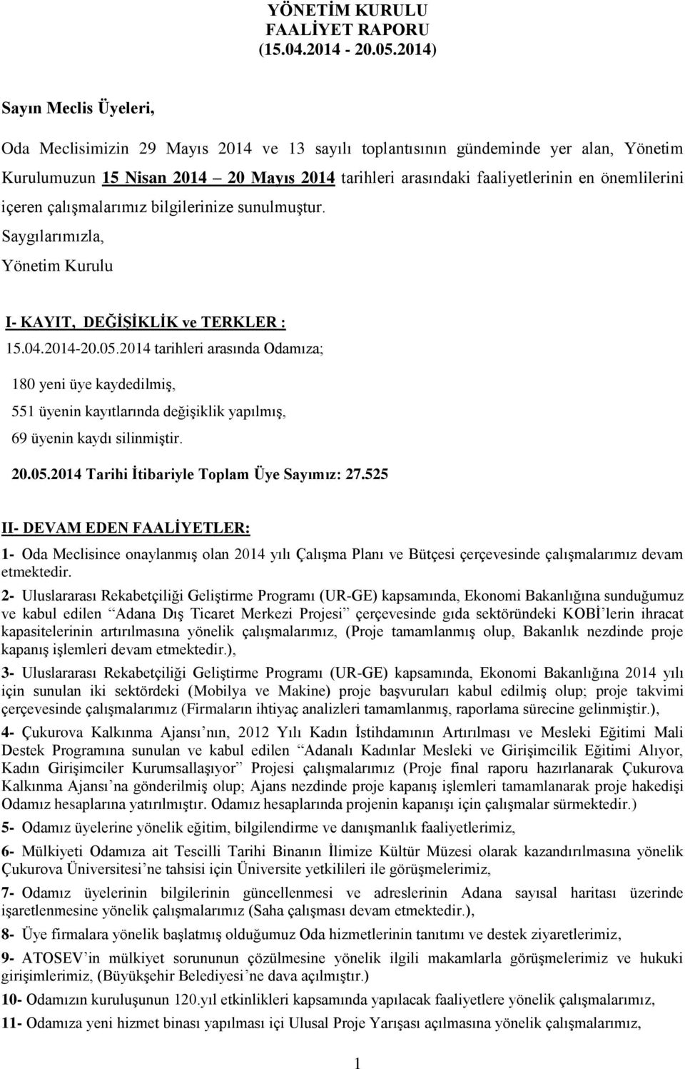 önemlilerini içeren çalışmalarımız bilgilerinize sunulmuştur. Saygılarımızla, Yönetim Kurulu I- KAYIT, DEĞİŞİKLİK ve TERKLER : 15.04.2014-20.05.