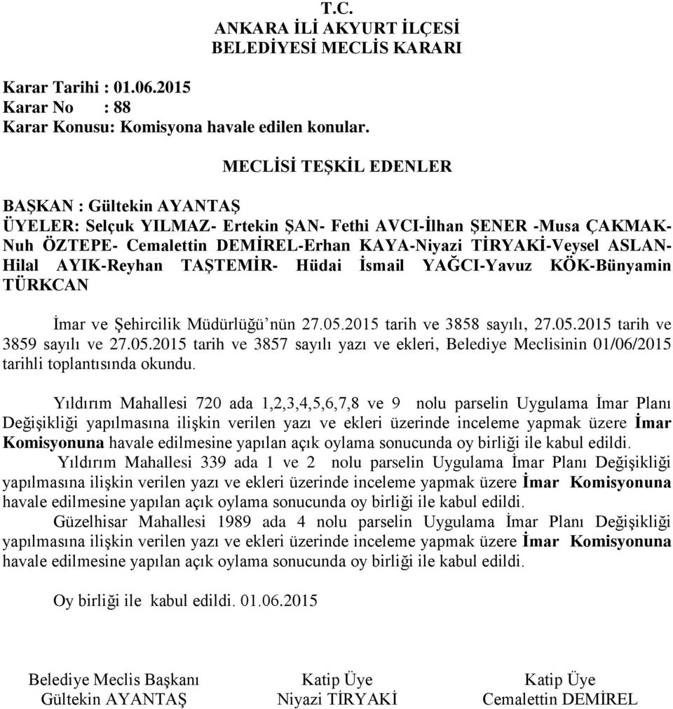 Yıldırım Mahallesi 720 ada 1,2,3,4,5,6,7,8 ve 9 nolu parselin Uygulama İmar Planı Değişikliği yapılmasına ilişkin verilen yazı ve ekleri üzerinde inceleme yapmak üzere İmar Komisyonuna havale