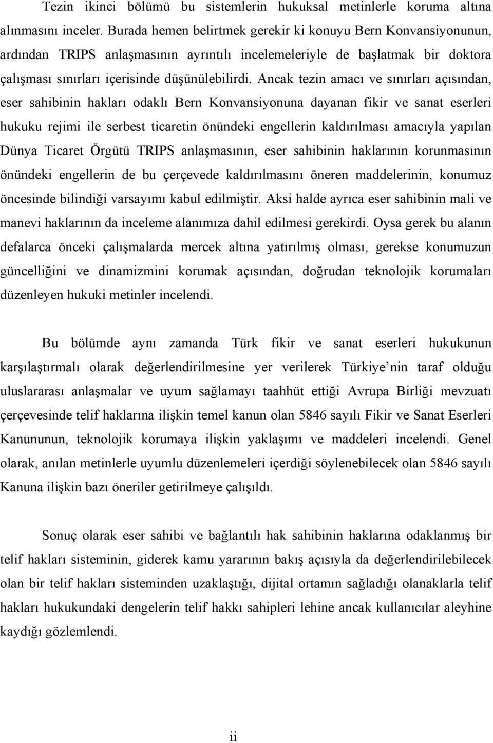 Ancak tezin amacı ve sınırları açısından, eser sahibinin hakları odaklı Bern Konvansiyonuna dayanan fikir ve sanat eserleri hukuku rejimi ile serbest ticaretin önündeki engellerin kaldırılması