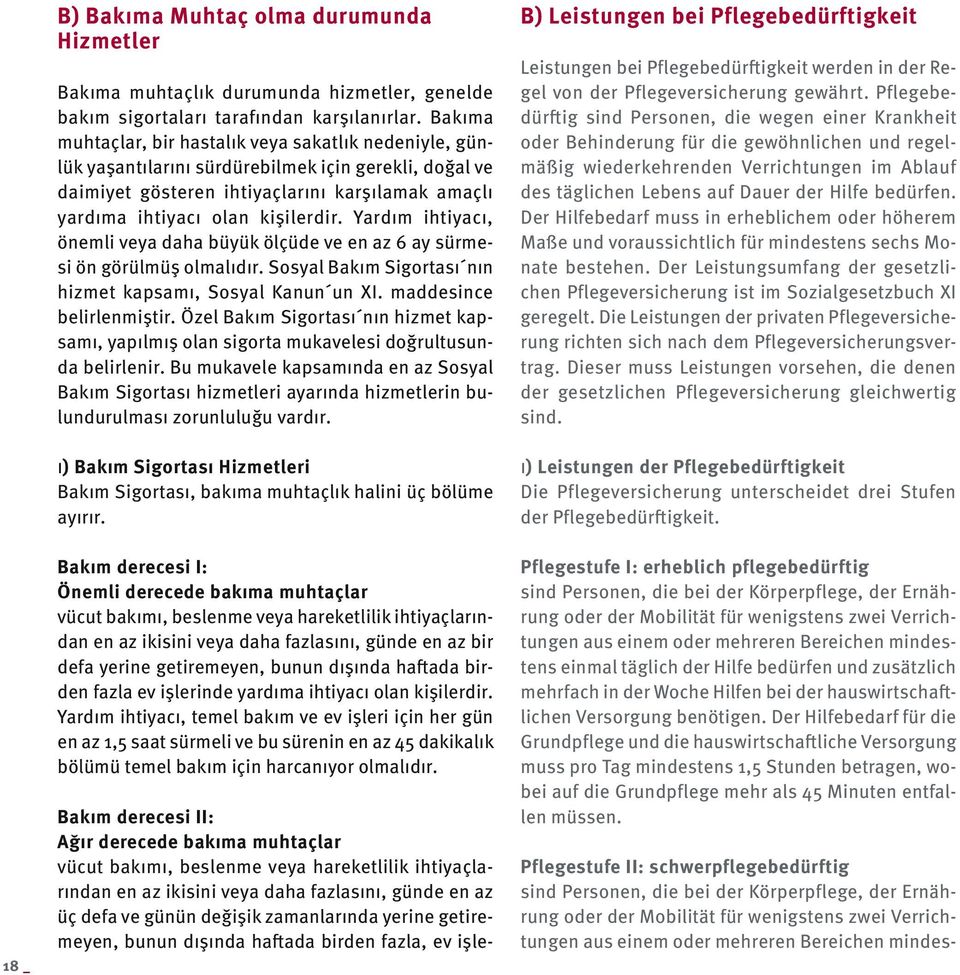 Yardım ihtiyacı, önemli veya daha büyük ölçüde ve en az 6 ay sürmesi ön görülmüş olmalıdır. Sosyal Bakım Sigortası nın hizmet kapsamı, Sosyal Kanun un XI. maddesince belirlenmiştir.