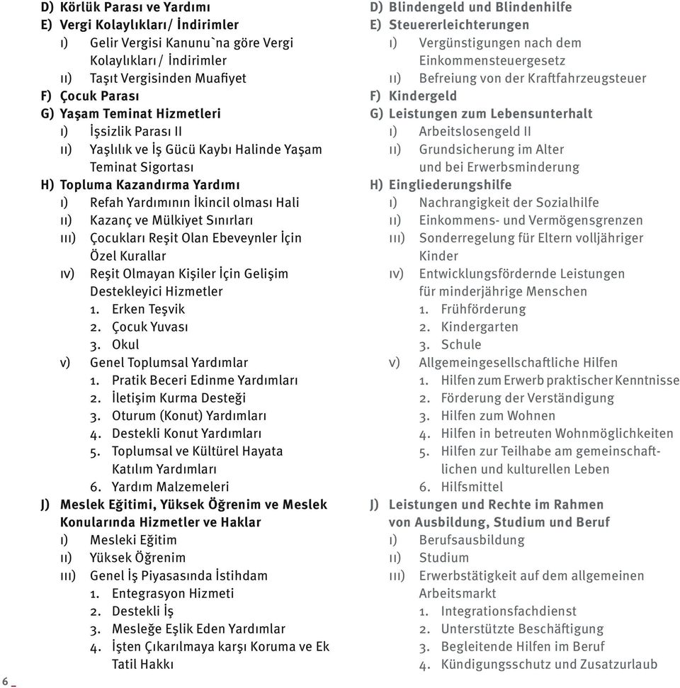 iii) Çocukları Reşit Olan Ebeveynler İçin Özel Kurallar iv) Reşit Olmayan Kişiler İçin Gelişim Destekleyici Hizmetler 1. Erken Teşvik 2. Çocuk Yuvası 3. Okul v) Genel Toplumsal Yardımlar 1.