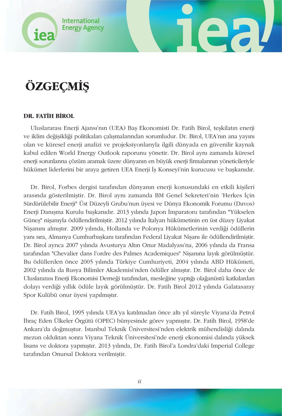 Birol, UEA'nýn ana yayýný olan ve küresel enerji analizi ve projeksiyonlarýyla ilgili dünyada en güvenilir kaynak kabul edilen World Energy Outlook raporunu yönetir. Dr.