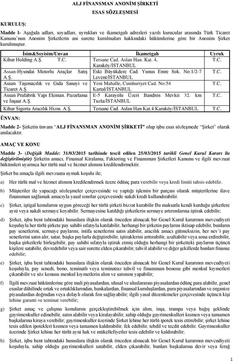 4, Karaköy/İSTANBUL Assan-Hyundai Motorlu Araçlar Satış Eski Büyükdere Cad. Yunus Emre Sok. No:1/2-7 A.Ş. Levent/İSTANBUL Assan Taşımacılık ve Gıda Sanayi ve Yeni Mahalle, Cumhuriyet Cad.