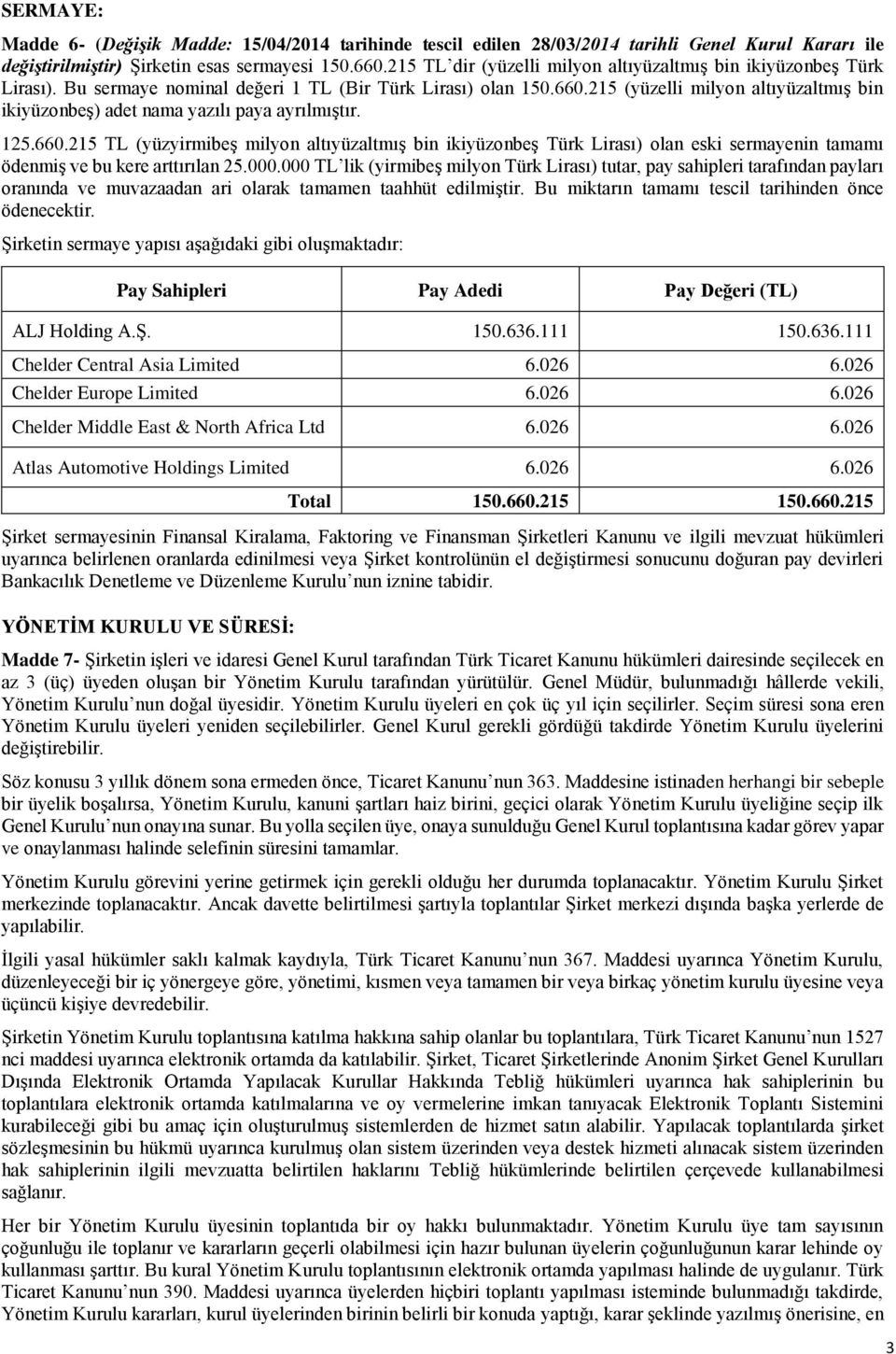 215 (yüzelli milyon altıyüzaltmış bin ikiyüzonbeş) adet nama yazılı paya ayrılmıştır. 125.660.