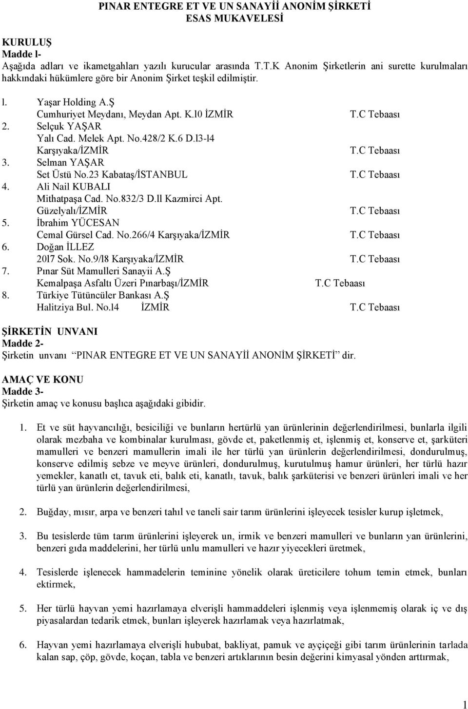 Ali Nail KUBALI Mithatpaşa Cad. No.832/3 D.ll Kazmirci Apt. Güzelyalı/İZMİR 5. İbrahim YÜCESAN Cemal Gürsel Cad. No.266/4 Karşıyaka/İZMİR 6. Doğan İLLEZ 20l7 Sok. No.9/l8 Karşıyaka/İZMİR 7.