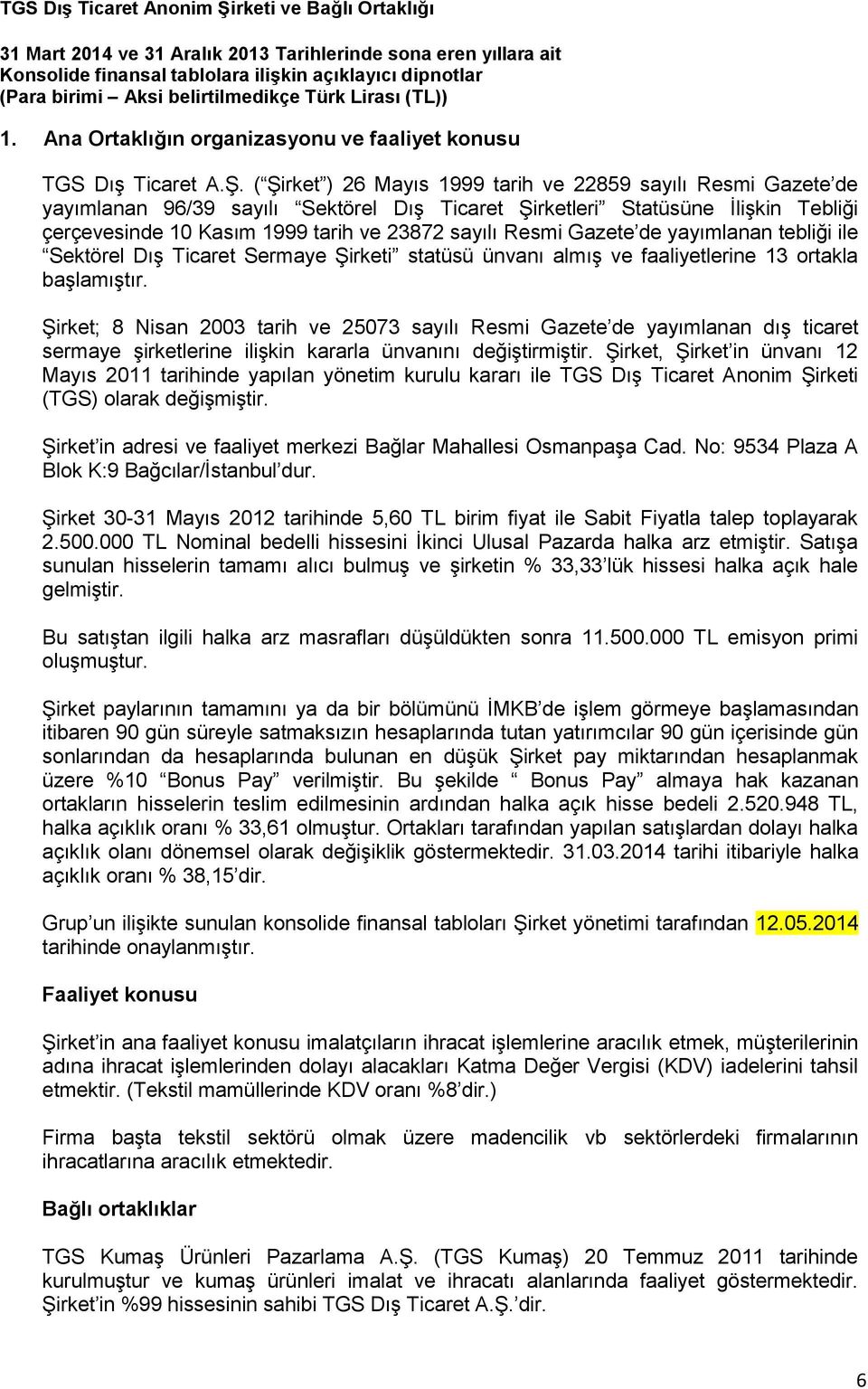 Gazete de yayımlanan tebliği ile Sektörel Dış Ticaret Sermaye Şirketi statüsü ünvanı almış ve faaliyetlerine 13 ortakla başlamıştır.