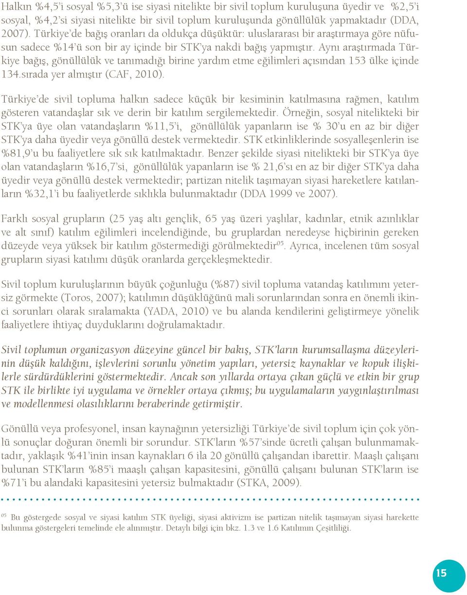 Aynı araştırmada Türkiye bağış, gönüllülük ve tanımadığı birine yardım etme eğilimleri açısından 153 ülke içinde 134.sırada yer almıştır (CAF, 2010).