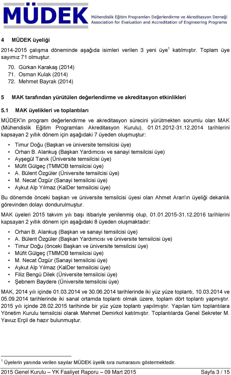 1 MAK üyelikleri ve toplantıları MÜDEK'in program değerlendirme ve akreditasyon sürecini yürütmekten sorumlu olan MAK (Mühendislik Eğitim Programları Akreditasyon Kurulu), 01.01.2012-