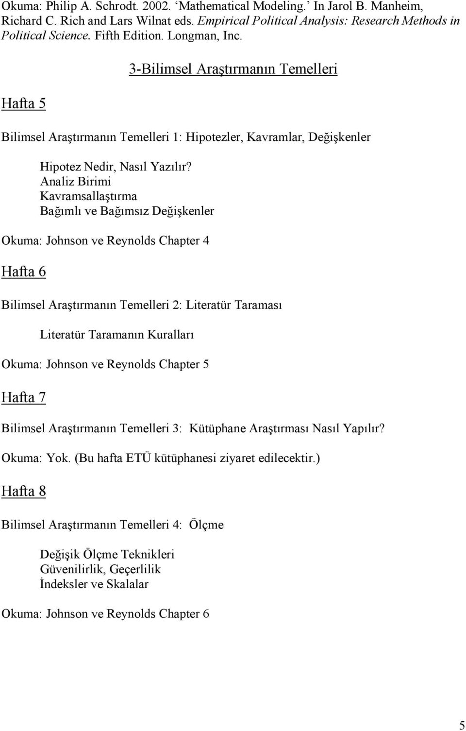 Analiz Birimi Kavramsallaştırma Bağımlı ve Bağımsız Değişkenler Okuma: Johnson ve Reynolds Chapter 4 Hafta 6 Bilimsel Araştırmanın Temelleri 2: Literatür Taraması Literatür Taramanın Kuralları Okuma: