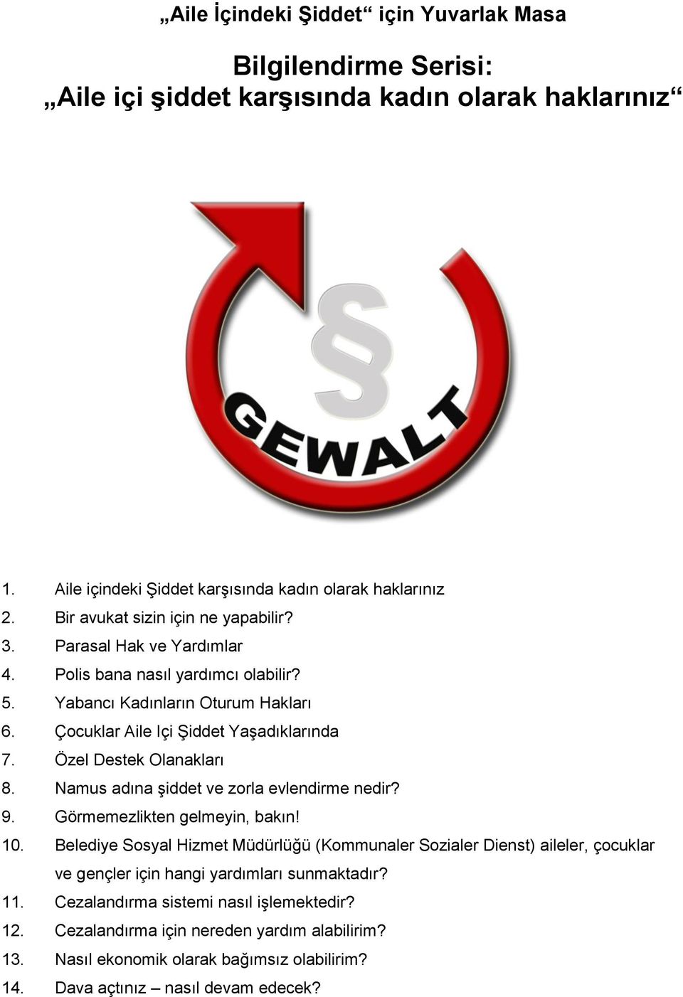 Özel Destek Olanakları 8. Namus adına şiddet ve zorla evlendirme nedir? 9. Görmemezlikten gelmeyin, bakın! 10.