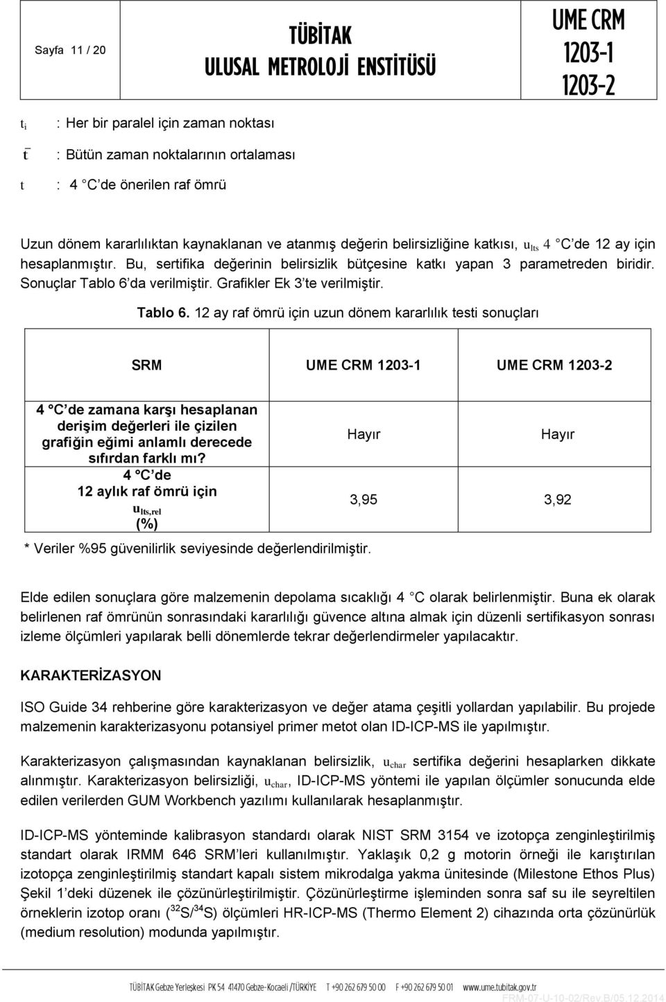 Tablo 6. 12 ay raf ömrü için uzun dönem kararlılık testi sonuçları SRM 4 C de zamana karşı hesaplanan derişim değerleri ile çizilen grafiğin eğimi anlamlı derecede sıfırdan farklı mı?