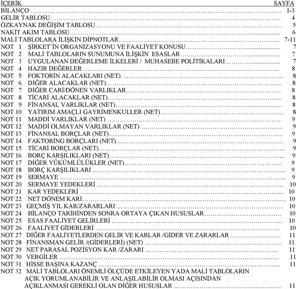 . 8 NOT 6 DİĞER ALACAKLAR (NET)... 8 NOT 7 DİĞER CARİ/DÖNEN VARLIKLAR.. 8 NOT 8 TİCARİ ALACAKLAR (NET)..... 8 NOT 9 FİNANSAL VARLIKLAR (NET).... 8 NOT 10 YATIRIM AMAÇLI GAYRİMENKULLER (NET).