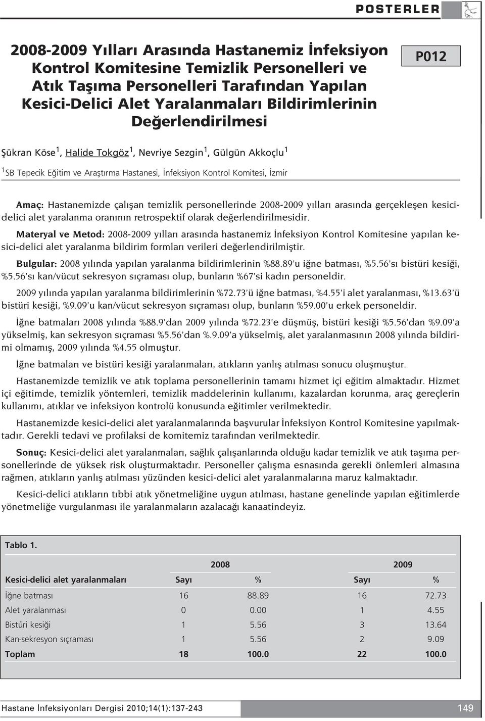 temizlik personellerinde 2008-2009 y llar aras nda gerçekleflen kesicidelici alet yaralanma oran n n retrospektif olarak de erlendirilmesidir.