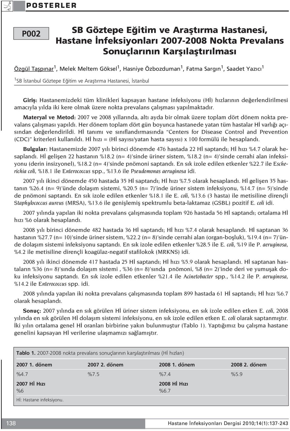 lda iki kere olmak üzere nokta prevalans çal flmas yap lmaktad r. Materyal ve Metod: 2007 ve 2008 y llar nda, alt ayda bir olmak üzere toplam dört dönem nokta prevalans çal flmas yap ld.