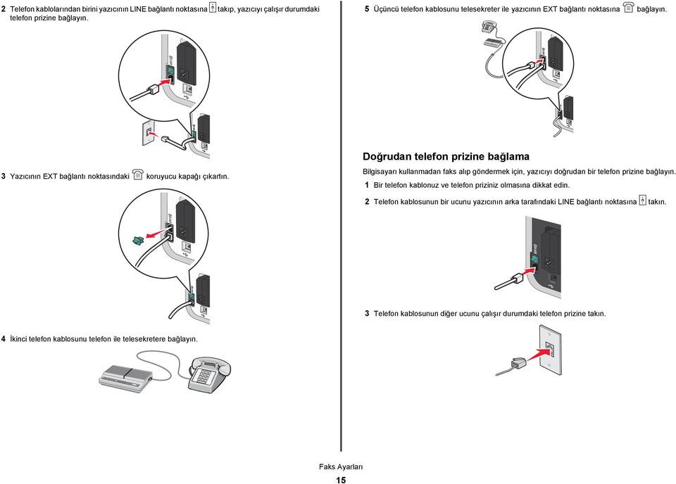 Doğrudan telefon prizine bağlama Bilgisayarı kullanmadan faks alıp göndermek için, yazıcıyı doğrudan bir telefon prizine bağlayın.